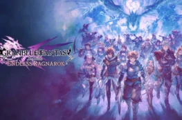 Grafika promocyjna gry Granblue Fantasy: Relink ze wszystkimi głównymi bohaterami i logiem gry na fioletowo-niebieskim tle.