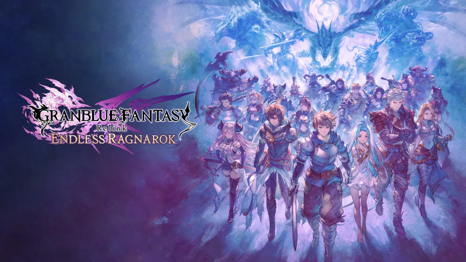 Grafika promocyjna gry Granblue Fantasy: Relink ze wszystkimi głównymi bohaterami i logiem gry na fioletowo-niebieskim tle.