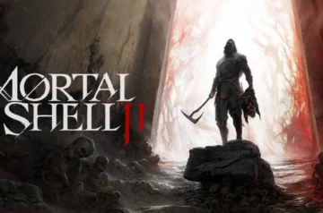 Grafika koncepcyjna z gry Mortal Shell 2. Na pierwszym planie, na podwyższeniu ze skał i czaszek, stoi wojownik w ciemnej zbroi i masce, trzymający w rękach topór oraz odciętą głowę potwora. Wokół niego, w mroku, leżą szczątki i kościotrupy. W tle widać potężną, otwartą bramę, z której bije jasne, krwawobiałe światło. Po lewej stronie umieszczono biały napis logotypu „MORTAL SHELL” z czerwoną rzymską cyfrą „II”.