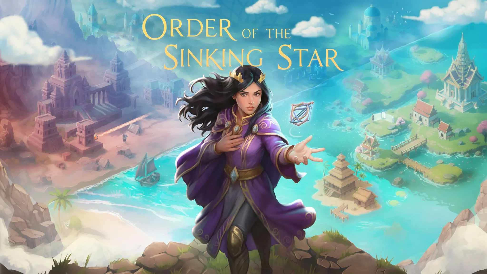 Grafika promocyjna gry Order of the Sinking Star. W centrum stoi czarnowłosa czarodziejka w fioletowej szacie i ze złotą diademą, nad której dłonią unosi się świecący, geometryczny artefakt. W tle rozpościera się widok na krainę fantasy podzieloną na dwie części: po lewej górzysty teren ze świątyniami z czerwonego kamienia, po prawej zielona wyspa z architekturą w stylu azjatyckim nad błękitną wodą. U góry widnieje złoty napis z tytułem gry.