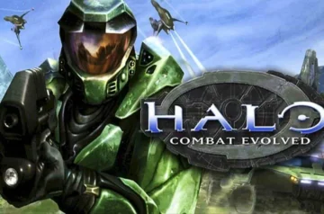 Okładka Halo Combat Evolved. Master Chief w zielonym pancerzu z karabinem gotowym do strzału, za nim widać dwa latające statki kosmitów, fragment krajobrazu planety i kawałek pojazdu jeżdżącego, a na środku jest logo HALO COMBAT EVOLVED