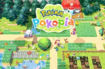 Grafika przedstawia kolorową, izometryczną ilustrację gry Pokémon Pokopia w sielankowym stylu. W górnej części widnieje duże, zielone logo, a poniżej rozciąga się wioska z elementami farmerskimi. Po lewej stronie widać leśne wzgórza oraz staw ze stworkami (m.in. Lapras, Squirtle), natomiast po prawej centrum medyczne oraz grządki uprawne z Snorlaxem, Bulbasaurem i Charmanderem. Środkiem biegną ścieżki, na których rysunkowe postacie ludzkie wchodzą w interakcję z Pokémonami.