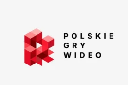 Czerwone, geometryczne logo i napis Polskie Gry Wideo