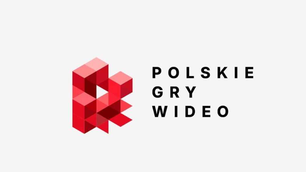 Czerwone, geometryczne logo i napis Polskie Gry Wideo