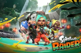 Oficjalna grafika promocyjna gry Splatoon Raiders. Na pierwszym planie widać trójkę Inklingów w strojach badaczy i poszukiwaczy przygód, z centralną postacią trzymającą "Splatling gun". W tle, w gęstym, tropikalnym lesie z ruinami i wodospadami, znajduje się gigantyczny "King Salmonid" oraz inne potwory (Salmonids). Całość utrzymana jest w żywej, jaskrawej kolorystyce z dominacją żółtego, niebieskiego i zielonego atramentu. W prawym dolnym rogu znajduje się logo gry: "Splatoon Raiders".