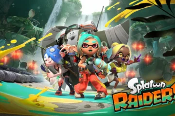 Oficjalna grafika promocyjna gry Splatoon Raiders. Na pierwszym planie widać trójkę Inklingów w strojach badaczy i poszukiwaczy przygód, z centralną postacią trzymającą "Splatling gun". W tle, w gęstym, tropikalnym lesie z ruinami i wodospadami, znajduje się gigantyczny "King Salmonid" oraz inne potwory (Salmonids). Całość utrzymana jest w żywej, jaskrawej kolorystyce z dominacją żółtego, niebieskiego i zielonego atramentu. W prawym dolnym rogu znajduje się logo gry: "Splatoon Raiders".