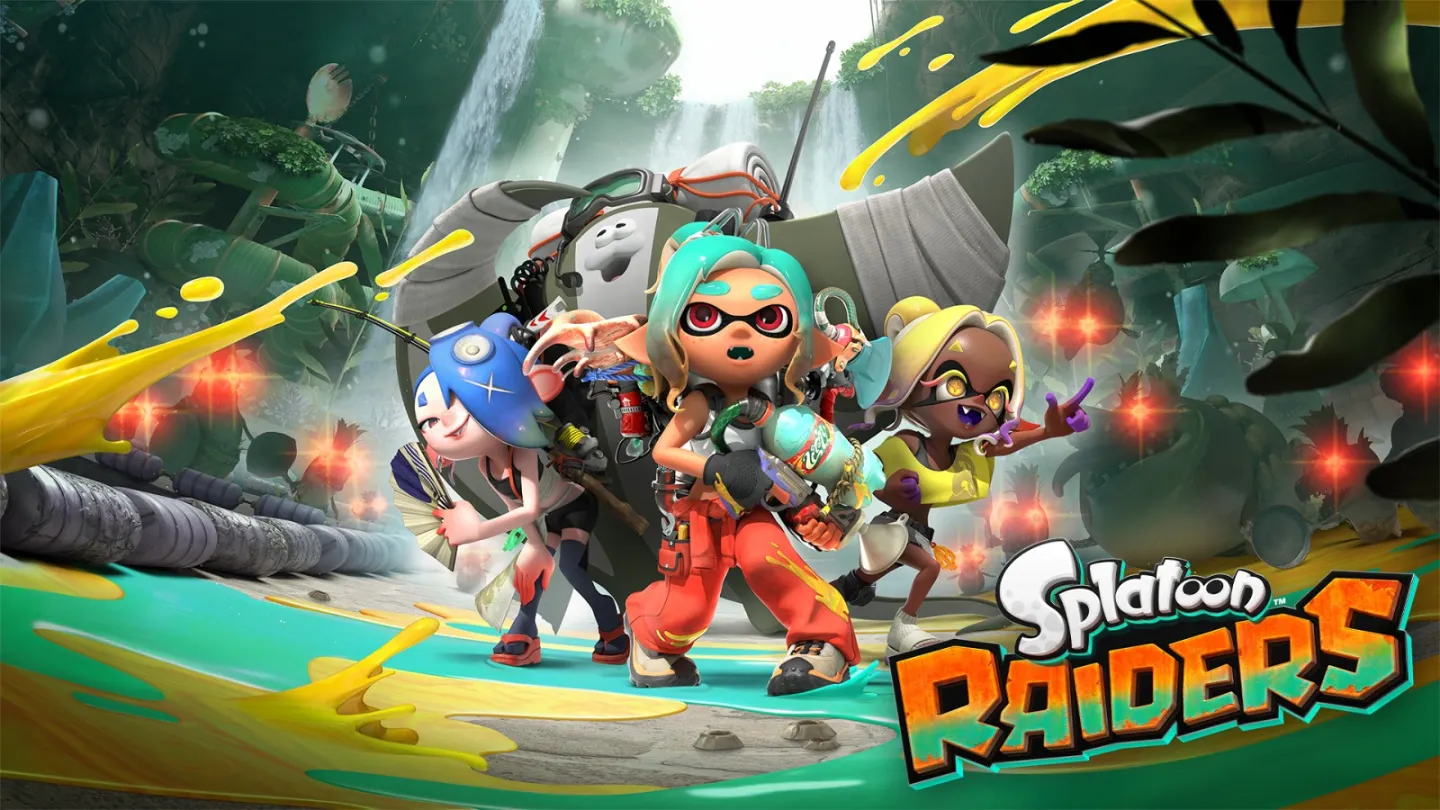 Oficjalna grafika promocyjna gry Splatoon Raiders. Na pierwszym planie widać trójkę Inklingów w strojach badaczy i poszukiwaczy przygód, z centralną postacią trzymającą "Splatling gun". W tle, w gęstym, tropikalnym lesie z ruinami i wodospadami, znajduje się gigantyczny "King Salmonid" oraz inne potwory (Salmonids). Całość utrzymana jest w żywej, jaskrawej kolorystyce z dominacją żółtego, niebieskiego i zielonego atramentu. W prawym dolnym rogu znajduje się logo gry: "Splatoon Raiders".
