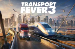 Grafika przedstawia oficjalną okładkę gry z dużym, białym logo „TRANSPORT FEVER 3” umieszczonym w górnej części na tle nowoczesnej metropolii i ośnieżonych szczytów górskich. Przez środek kadru, po wielopoziomowym moście wantowym, mkną zróżnicowane środki transportu: nowoczesny, srebrno-niebieski pociąg dużych prędkości oraz jadąca tuż obok czerwona ciężarówka z naczepą. W tle panoramy miejskiej widoczne są inne elementy infrastruktury i pojazdy, w tym lecący pasażerski samolot odrzutowy, unoszący się po prawej stronie helikopter, przejeżdżający w oddali biało-czerwony autobus oraz mniejsze samochody poruszające się po niższych nitkach estakady o zachodzie słońca.