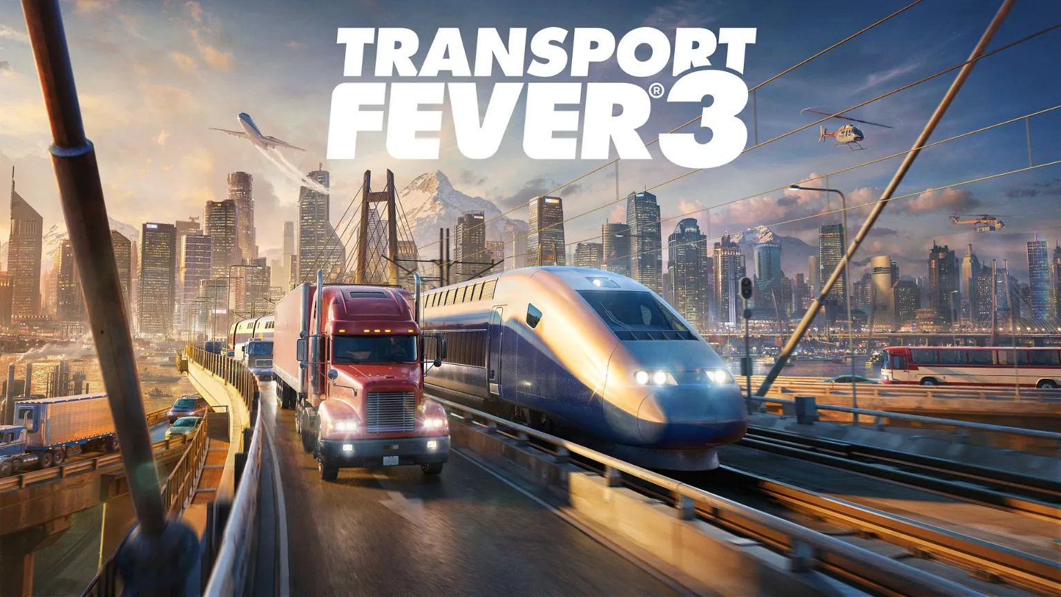Grafika przedstawia oficjalną okładkę gry z dużym, białym logo „TRANSPORT FEVER 3” umieszczonym w górnej części na tle nowoczesnej metropolii i ośnieżonych szczytów górskich. Przez środek kadru, po wielopoziomowym moście wantowym, mkną zróżnicowane środki transportu: nowoczesny, srebrno-niebieski pociąg dużych prędkości oraz jadąca tuż obok czerwona ciężarówka z naczepą. W tle panoramy miejskiej widoczne są inne elementy infrastruktury i pojazdy, w tym lecący pasażerski samolot odrzutowy, unoszący się po prawej stronie helikopter, przejeżdżający w oddali biało-czerwony autobus oraz mniejsze samochody poruszające się po niższych nitkach estakady o zachodzie słońca.