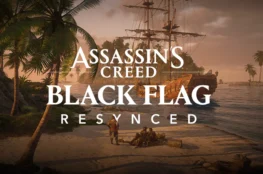Logo Assassin’s Creed: Black Flag Resynced z postaciami i statkiem w tle.