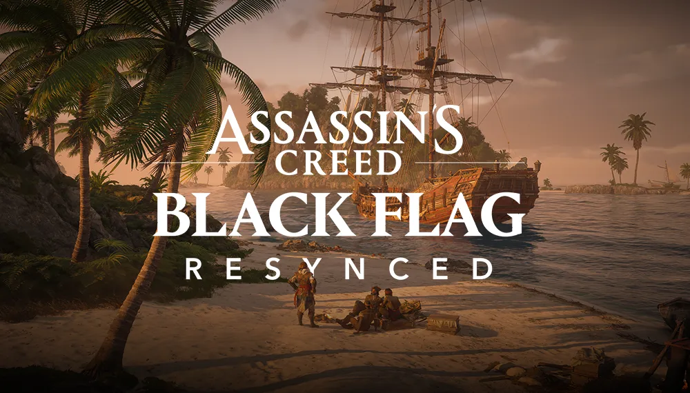 Logo Assassin’s Creed: Black Flag Resynced z postaciami i statkiem w tle.