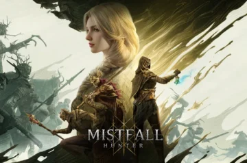 Grafika główna gry Mistfall Hunter z logiem i bohaterami