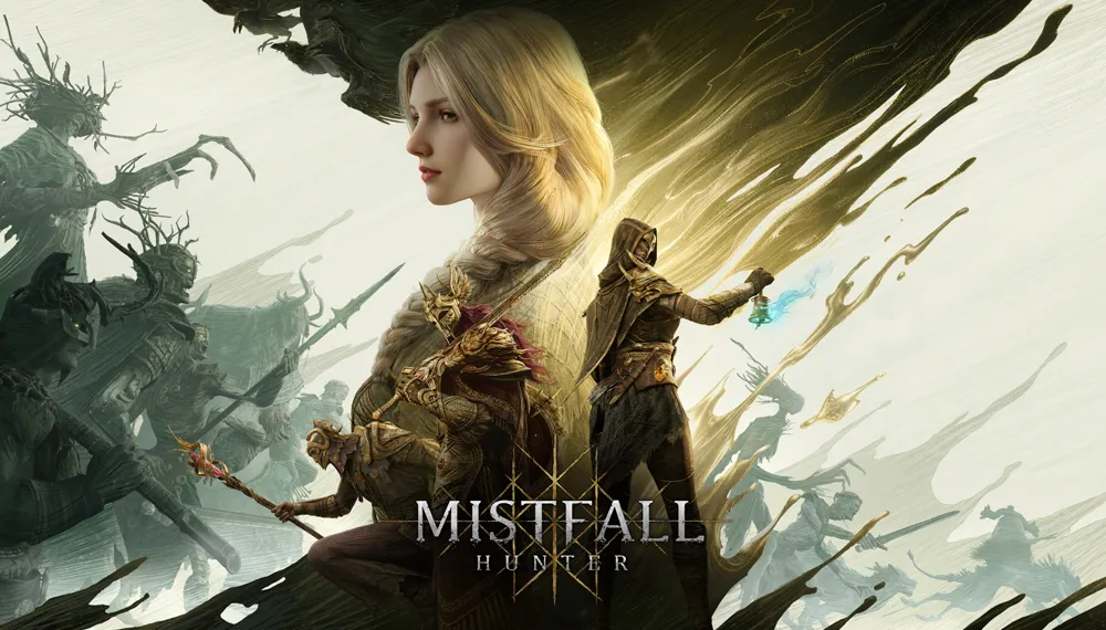 Grafika główna gry Mistfall Hunter z logiem i bohaterami
