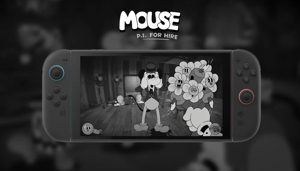 Grafika Mouse: P.I. For Hire z Nintendo Switch 2, logiem i screenem z gry.