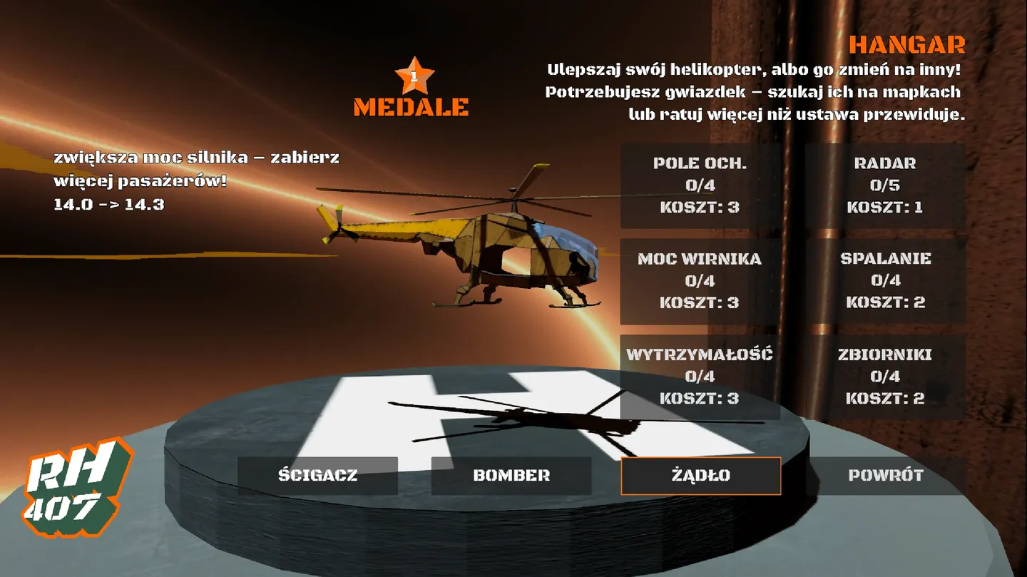 Ekran hangaru w Rescue Heli RH407 z ulepszaniem helikoptera i listą parametrów maszyny.