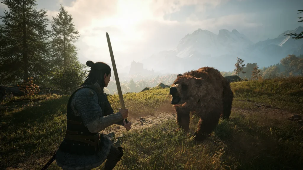 Wojownik w The Blood of Dawnwalker staje naprzeciw niedźwiedzia na słonecznej polanie w górach.