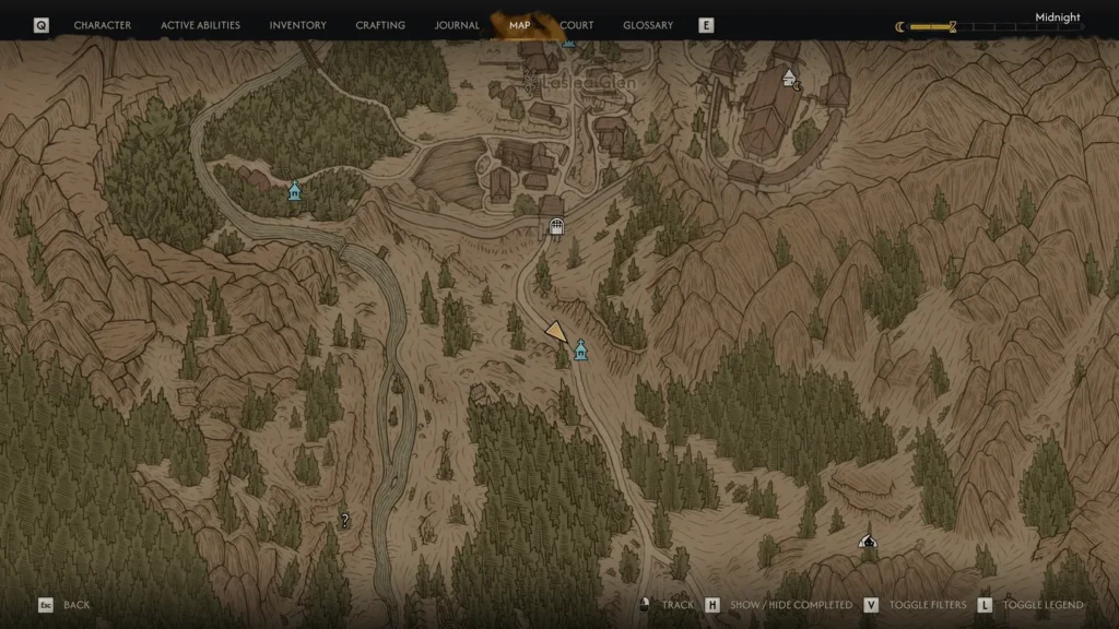 Mapa świata w The Blood of Dawnwalker z zaznaczonymi lokacjami, lasami i górami.