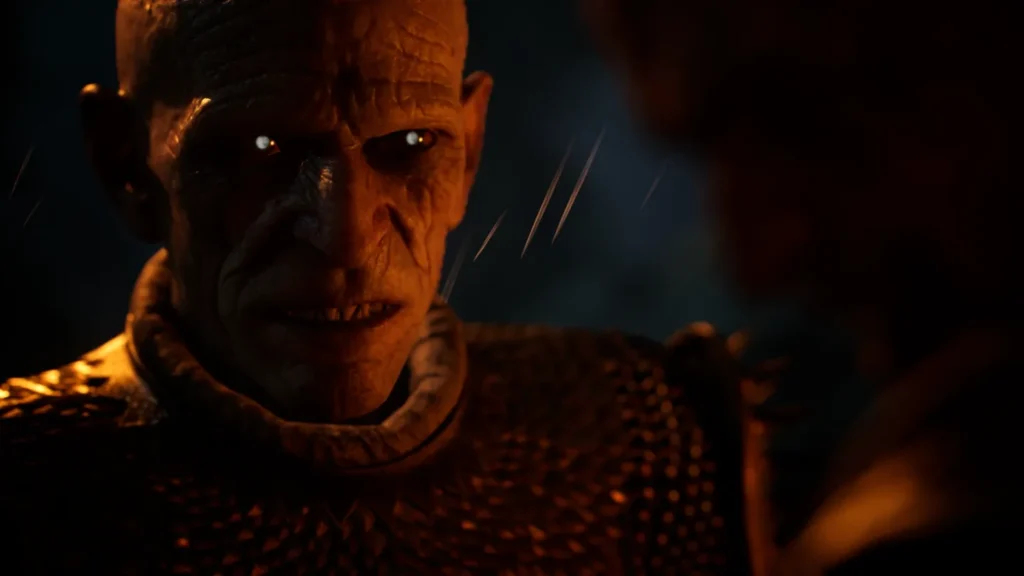 Zbliżenie na mroczną twarz w The Blood of Dawnwalker, oświetloną ciepłym ogniem w ciemnym wnętrzu.