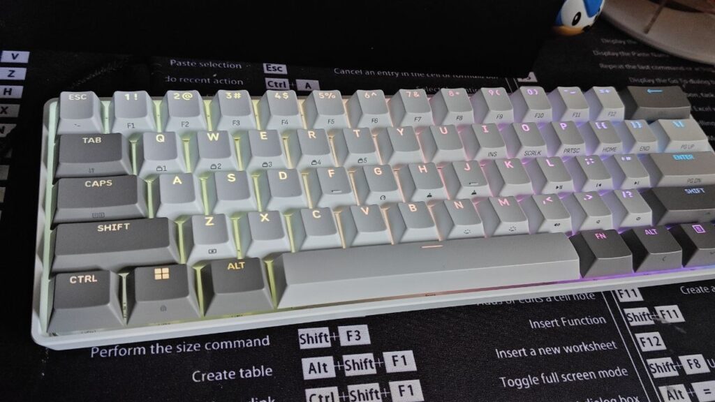 Klawiatura Corsair Clipper Pro Mini 60 z włączonym podświetleniem RGB, ułożona na podkładce z nadrukowanymi skrótami klawiszowymi.