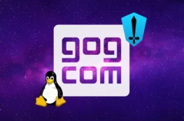Logo GOG, obok niego pingwinek z logo linuksa, a wyżej logo aplikacji Heroic Games Launcher, czarny miecz na niebieskiej tarczy.