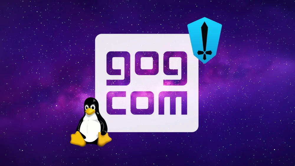 Logo GOG, obok niego pingwinek z logo linuksa, a wyżej logo aplikacji Heroic Games Launcher, czarny miecz na niebieskiej tarczy.