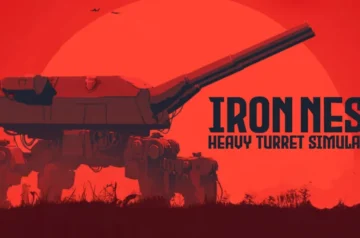Grafika Iron Nest - Heavy Turret Simulator, przedstawiająca wielkie działo na czterech metalowych nogach na czerwonym tle. Obok tytuł gry.