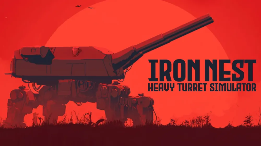 Grafika Iron Nest - Heavy Turret Simulator, przedstawiająca wielkie działo na czterech metalowych nogach na czerwonym tle. Obok tytuł gry.