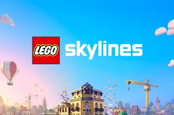 Połączenie kluczowych elementów z poprzednich grafik. Na tle błękitnego, czystego nieba z kilkoma chmurami w stylu LEGO umieszczono duże, centralne logo: po lewej czerwony klocek LEGO, a obok biały napis "skylines". Poniżej znajduje się ozdobny, wielopiętrowy budynek z żółtymi ścianami i brązowym dachem, wykonany z klocków LEGO, nad którym również unosi się rój luźnych klocków. Po prawej stronie widać duży, żółty żuraw wieżowy, a w oddali, po lewej, unosi się biało-czerwony balon na ogrzane powietrze. Całość tworzy spójny branding dla gry LEGO Skylines.