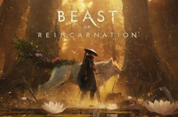 Ekran tytułowy Beast of Reincarnation - las skąpany w złotej poświacie, z protagonistką i psem w centralnej części.