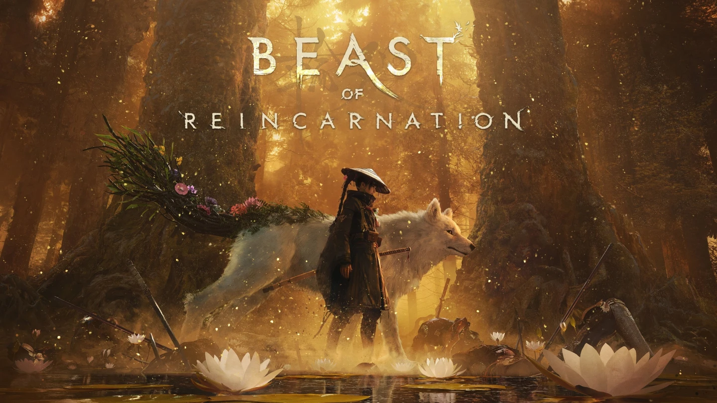 Ekran tytułowy Beast of Reincarnation - las skąpany w złotej poświacie, z protagonistką i psem w centralnej części.
