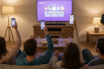 Znajomi grają w grę imprezową na telewizorze, telefony służą jako buzzery