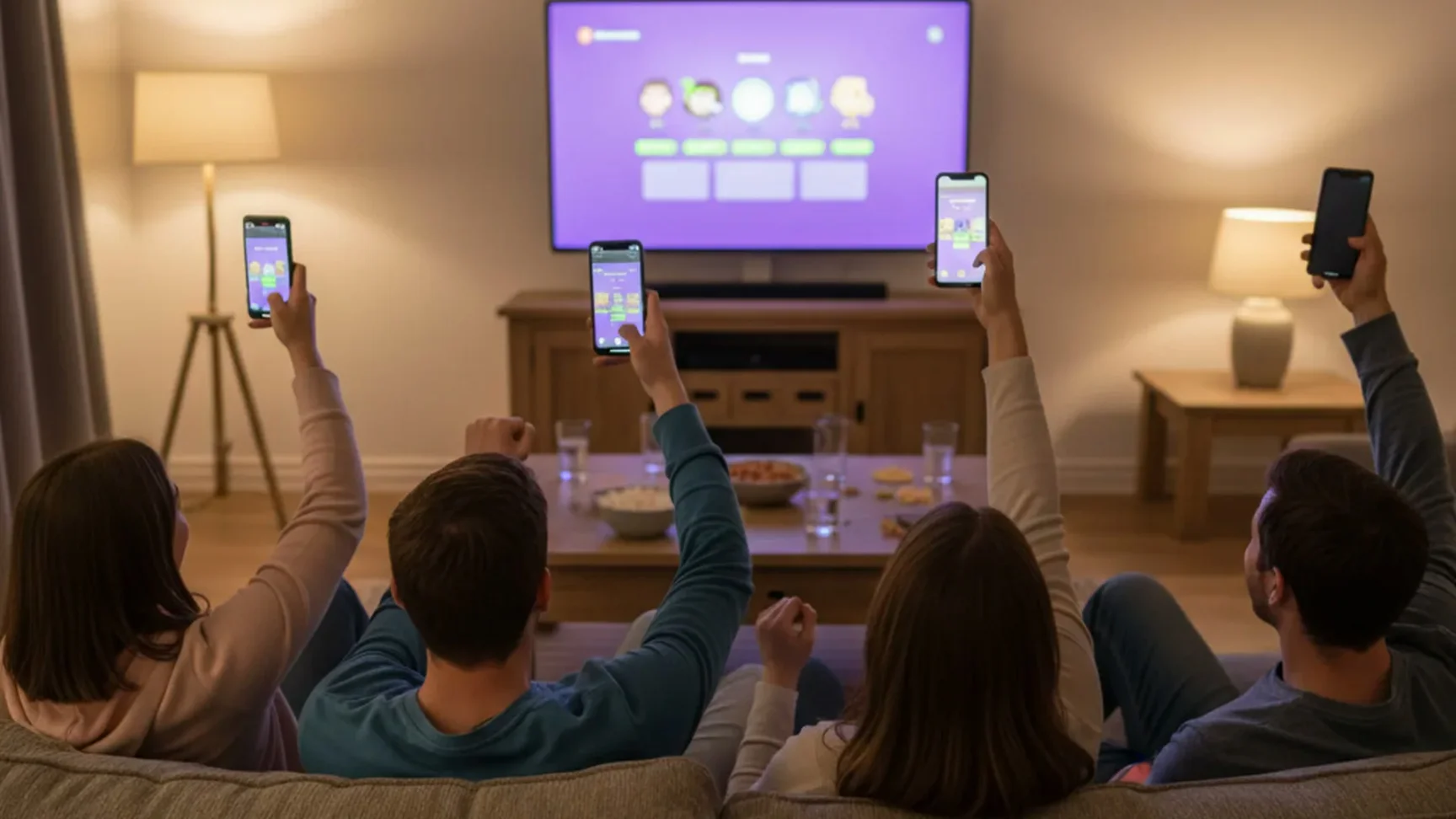 Znajomi grają w grę imprezową na telewizorze, telefony służą jako buzzery