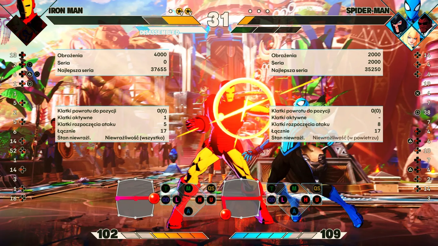 Ekran wyników treningu w Marvel Tokon: Fighting Souls, pokazujący statystyki i dane o klatkach po starciu Iron Mana ze Spider-Manem.