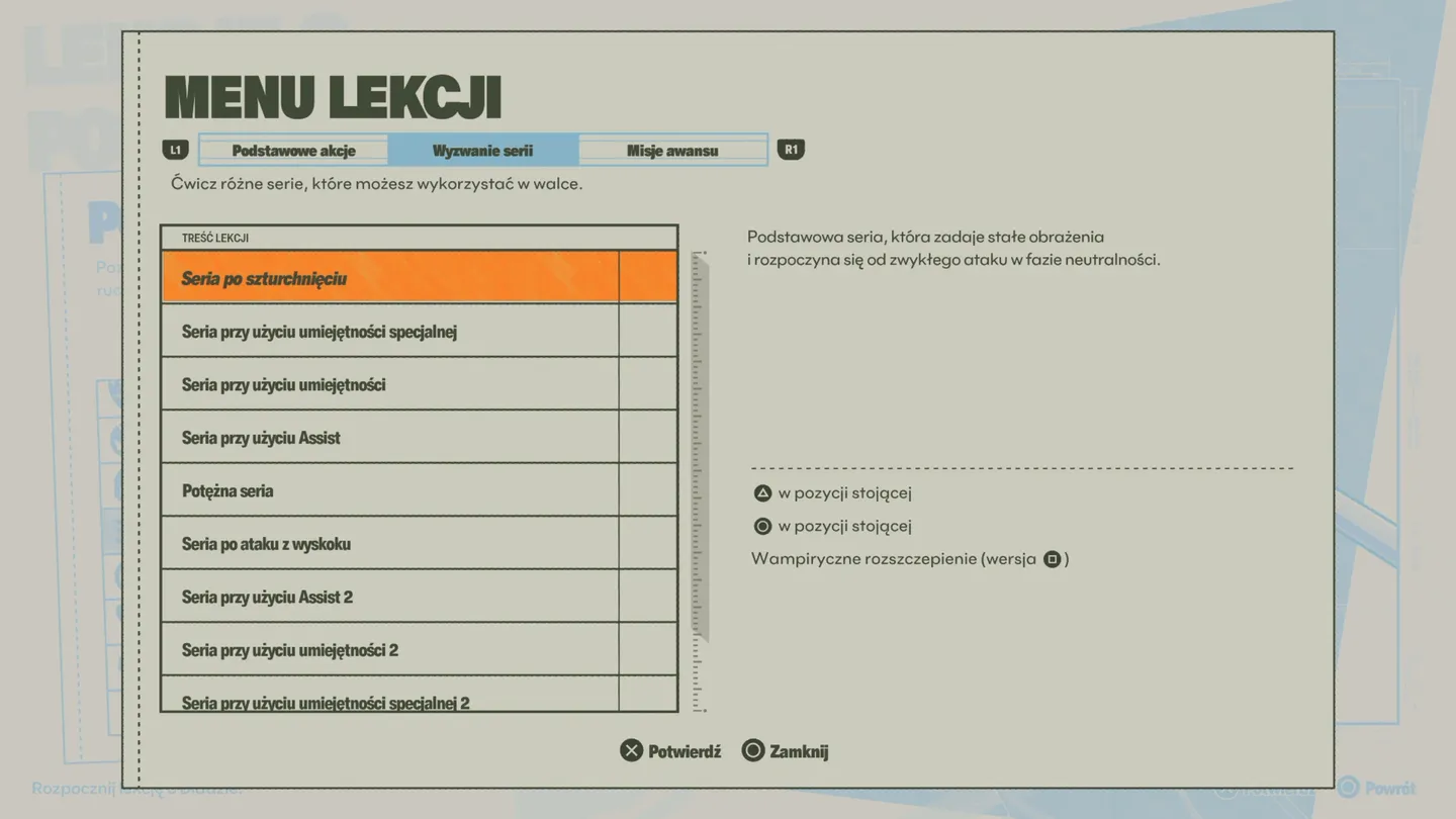 Menu lekcji w Marvel Tokon: Fighting Souls z listą serii ataków i wybraną pozycją dotyczącą serii po szturchnięciu.