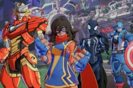 Ekran prezentujący drużynę w Marvel Tokon: Fighting Souls, z Iron Manem, Ms. Marvel, Spider-Manem Noir i Kapitanem Ameryką.