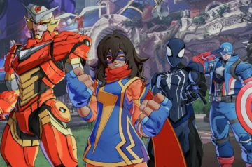 Ekran prezentujący drużynę w Marvel Tokon: Fighting Souls, z Iron Manem, Ms. Marvel, Spider-Manem Noir i Kapitanem Ameryką.