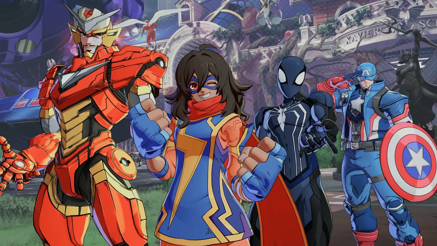Ekran prezentujący drużynę w Marvel Tokon: Fighting Souls, z Iron Manem, Ms. Marvel, Spider-Manem Noir i Kapitanem Ameryką.