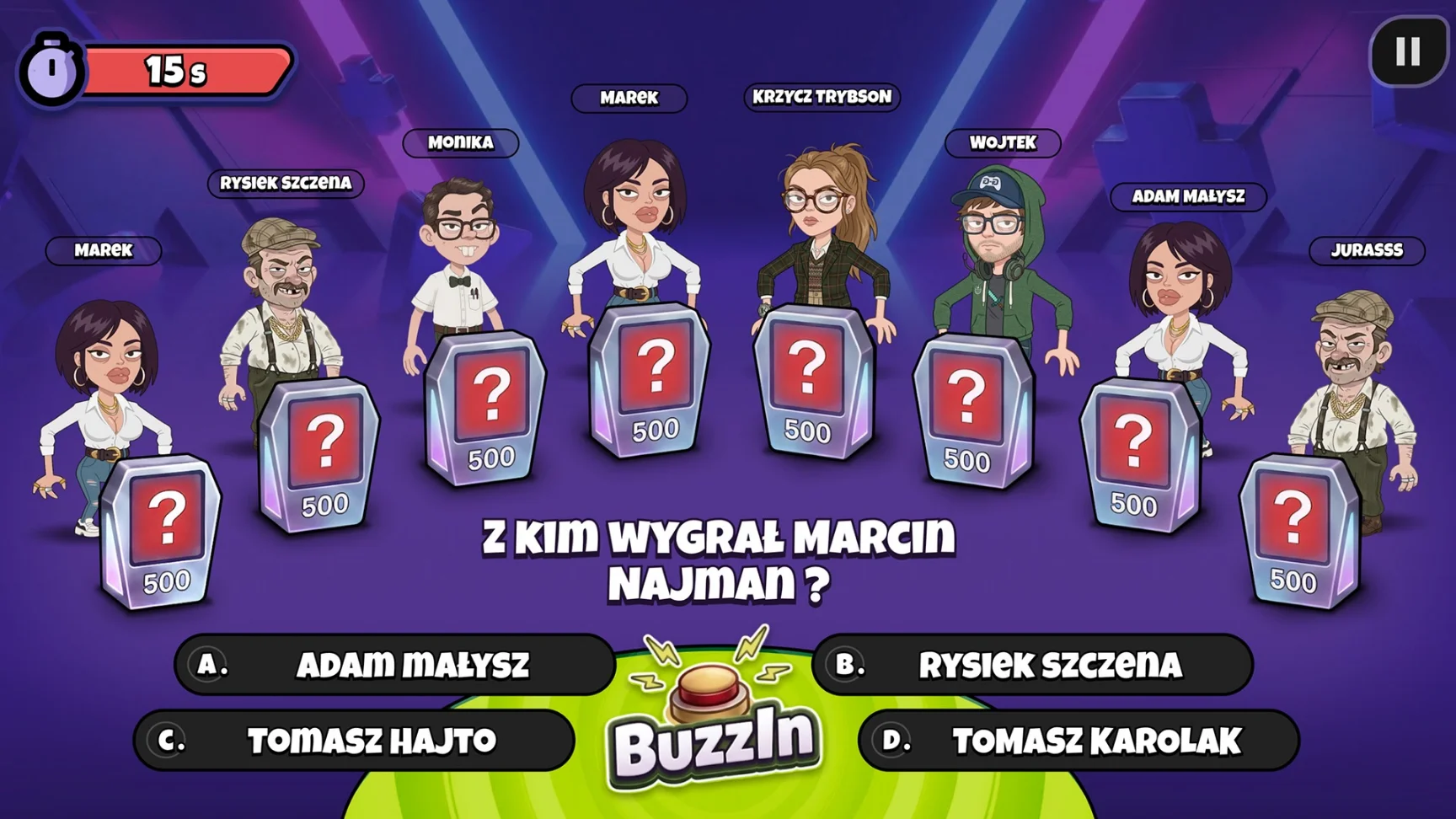 Pytanie quizowe z czterema odpowiedziami na ekranie telewizora