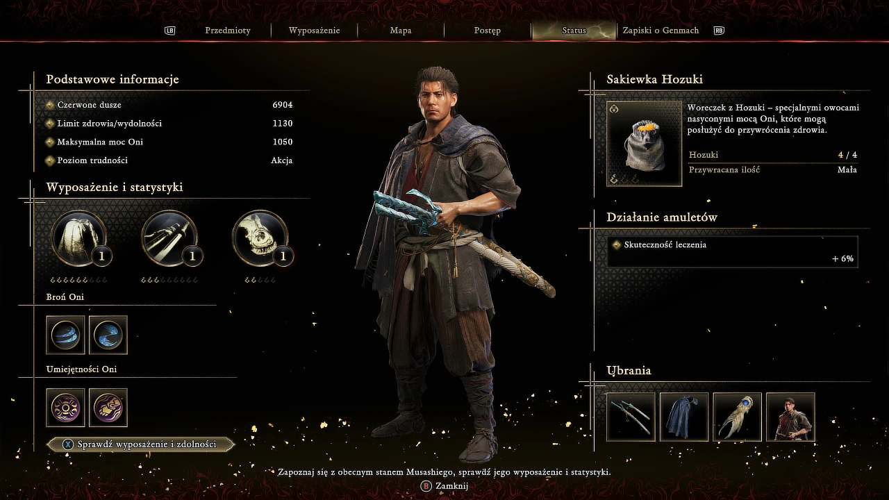 Zrzut ekranu z gry Onimusha: Way of the Sword - Menu postaci