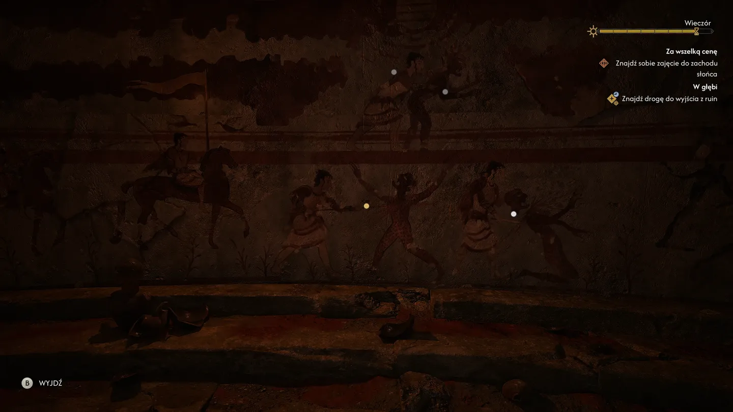 Mroczne wnętrze ruin w grze The Blood of Dawnwalker z widocznymi malowidłami ściennymi i celami zadania w prawym górnym rogu ekranu.