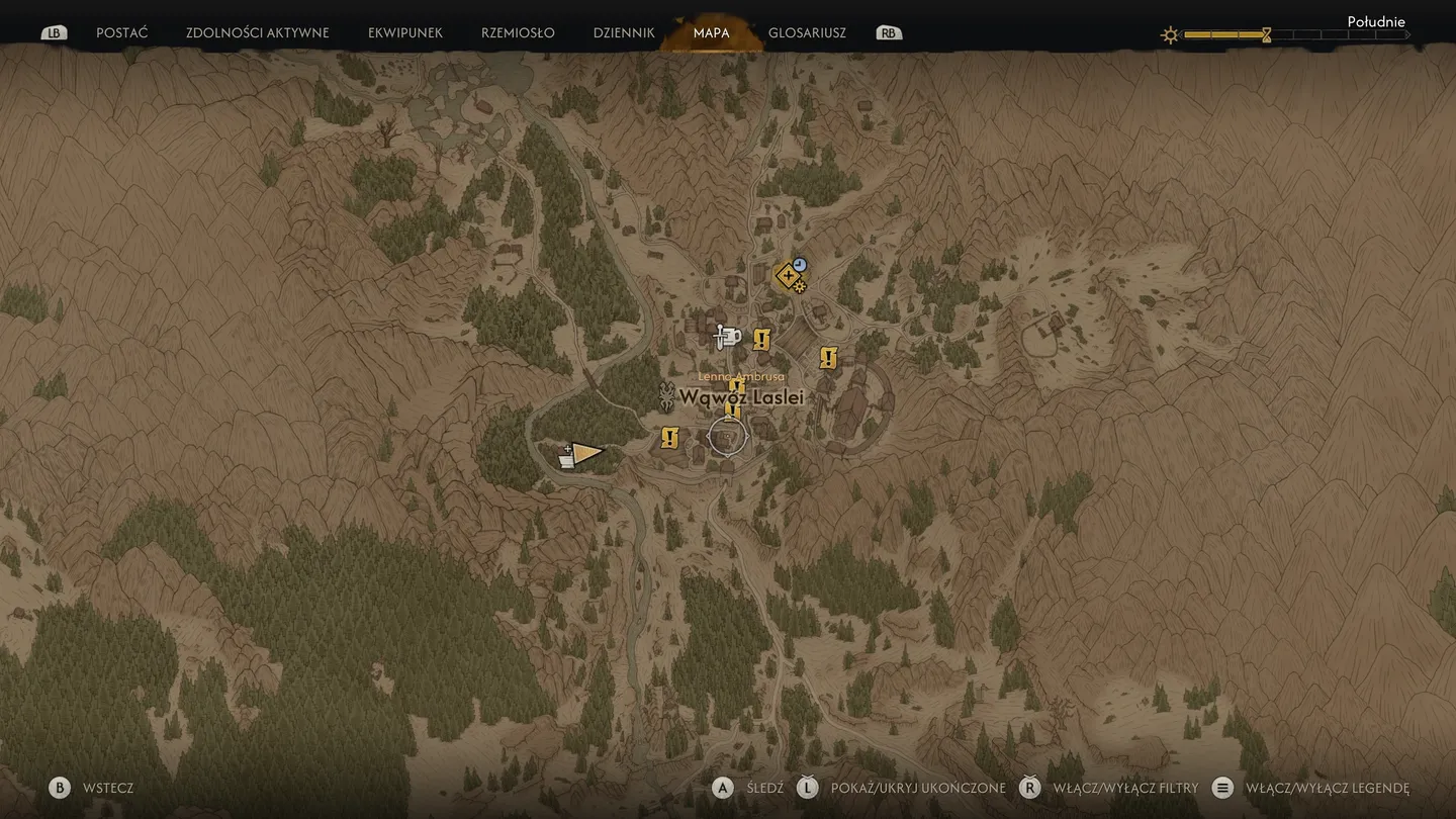 Mapa świata w grze The Blood of Dawnwalker przedstawiająca okolice Wąwozu Laslei z zaznaczonymi celami i punktami zainteresowania.