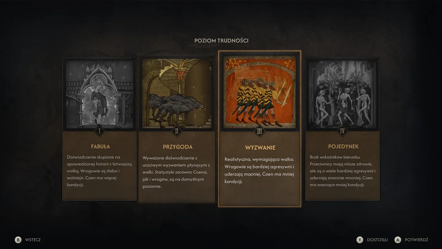 Ekran wyboru poziomu trudności w grze The Blood of Dawnwalker z czterema opcjami: Fabuła, Przygoda, Wyzwanie i Pojedynek.