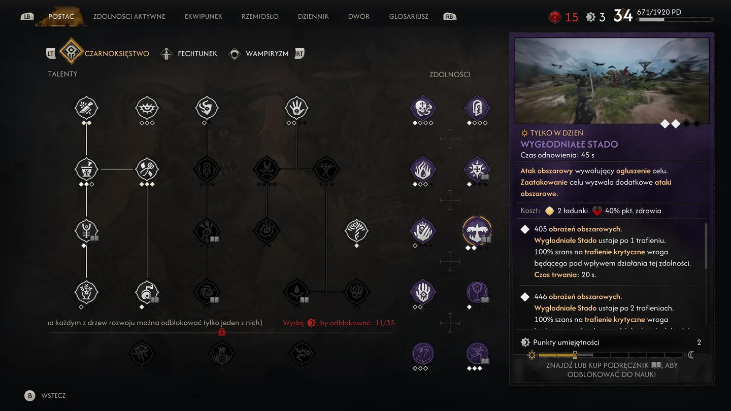 Drzewko rozwoju postaci w grze The Blood of Dawnwalker z umiejętnościami Czarnoksięstwa, Fechtunku i Wampiryzmu oraz opisem zdolności Wyglądniate Stado.