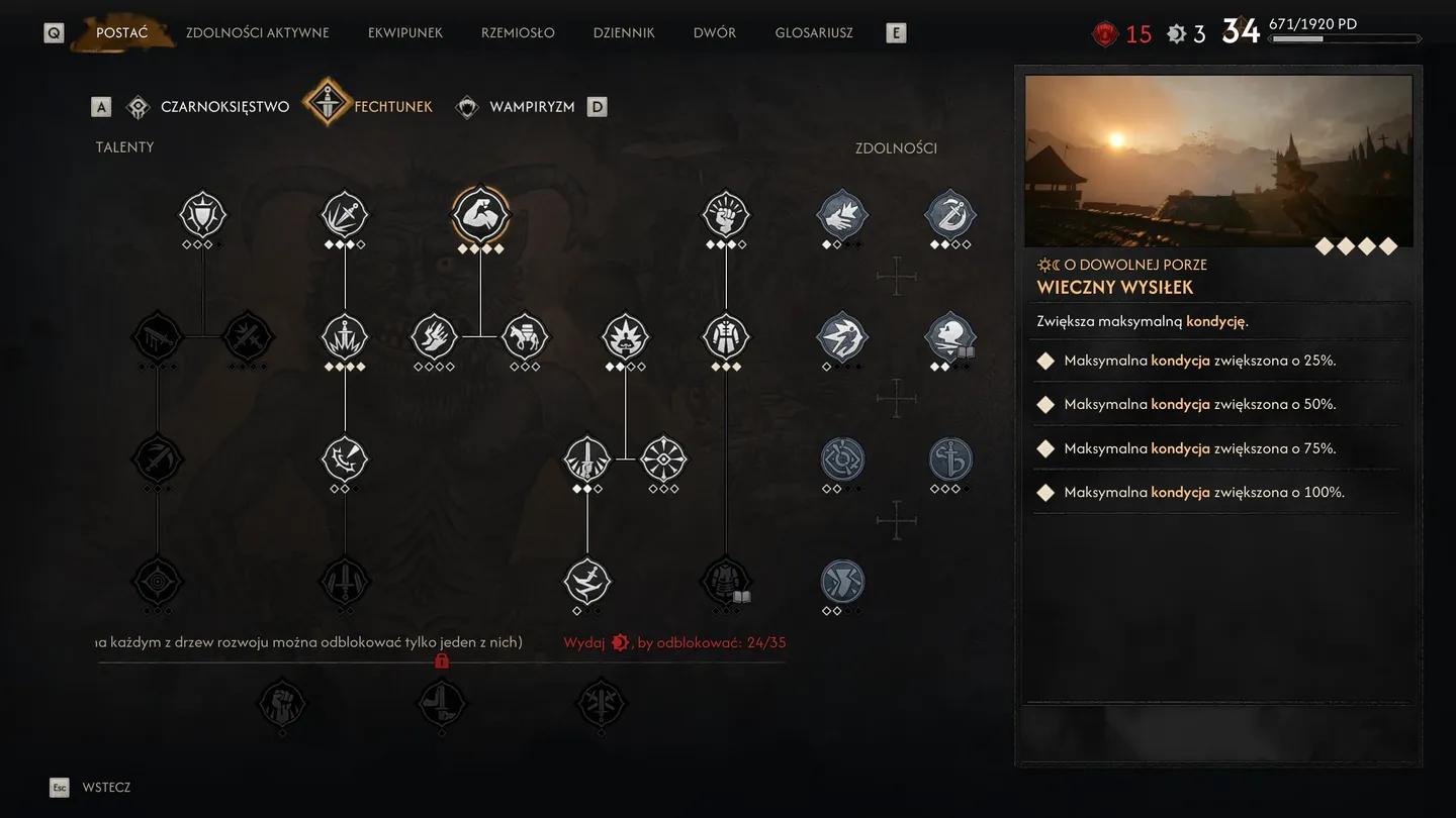 Ekran drzewka talentów Fechtunku w grze The Blood of Dawnwalker z opisem umiejętności Wieczny Wysiłek.