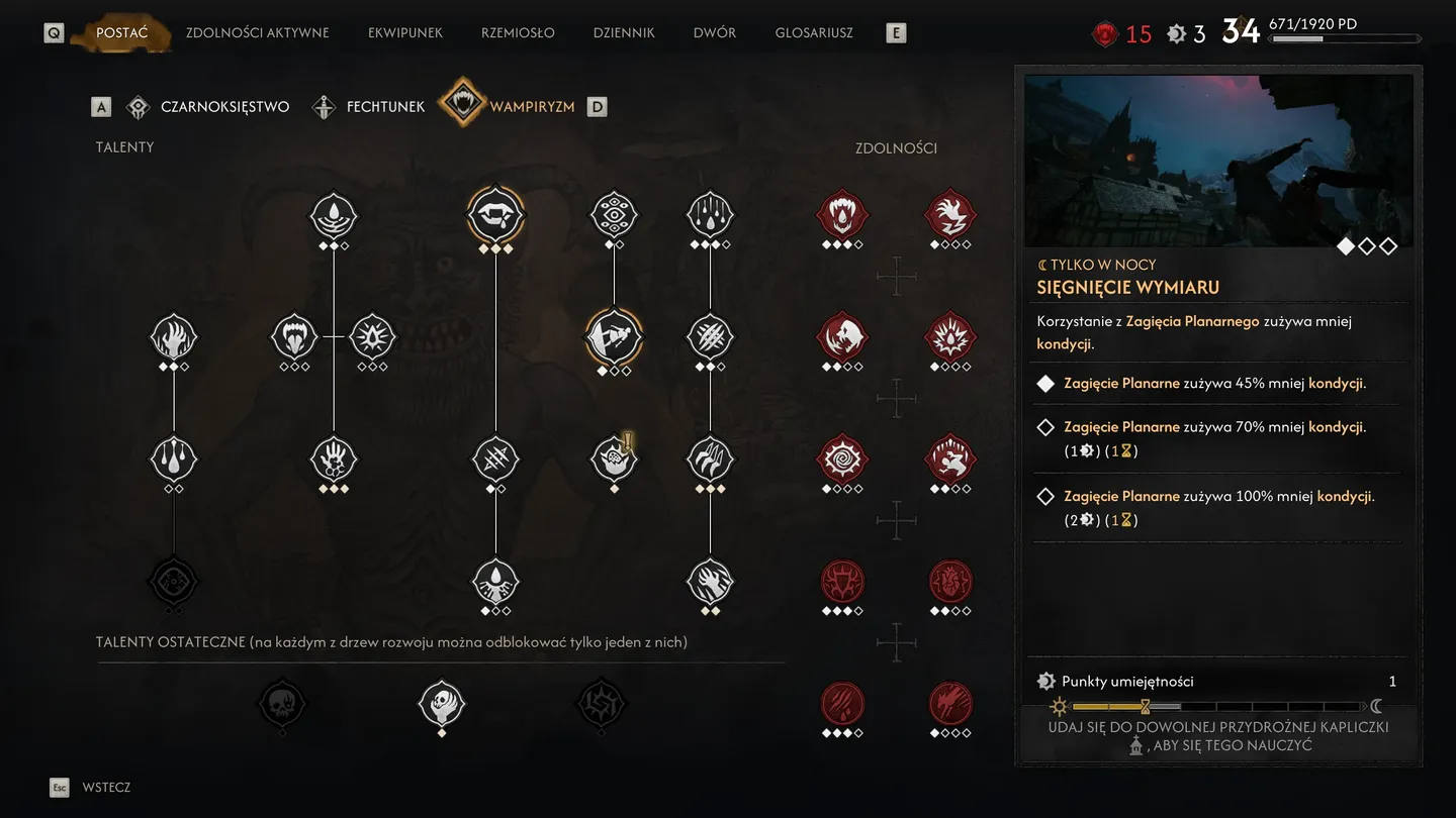 Drzewko talentów Wampiryzmu w grze The Blood of Dawnwalker z opisem nocnej zdolności Sięgnięcie Wymiaru.
