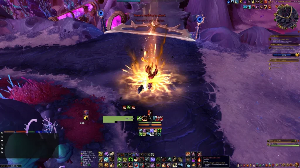 Moment po walce w World of Warcraft: Midnight, z pomarańczowym efektem umiejętności i pustą areną.