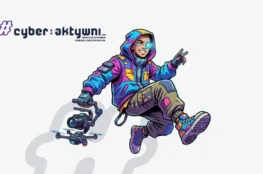 Okładka programu Cyber Aktywni, przedstawiająca młodego mężczyznę w bluzie z kapturem, w pastelowych kolorach, w dynamicznej pozie z dronem z aparatem w ręku