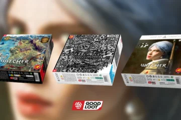 Trzy pudełka puzzli 1000 elementów Good Loot prezentujące mapę Królestw Północnych z Wiedźmina, czarno-białą grafikę z serii Imagination oraz Ciri stylizowaną na Dziewczynę z perłą.