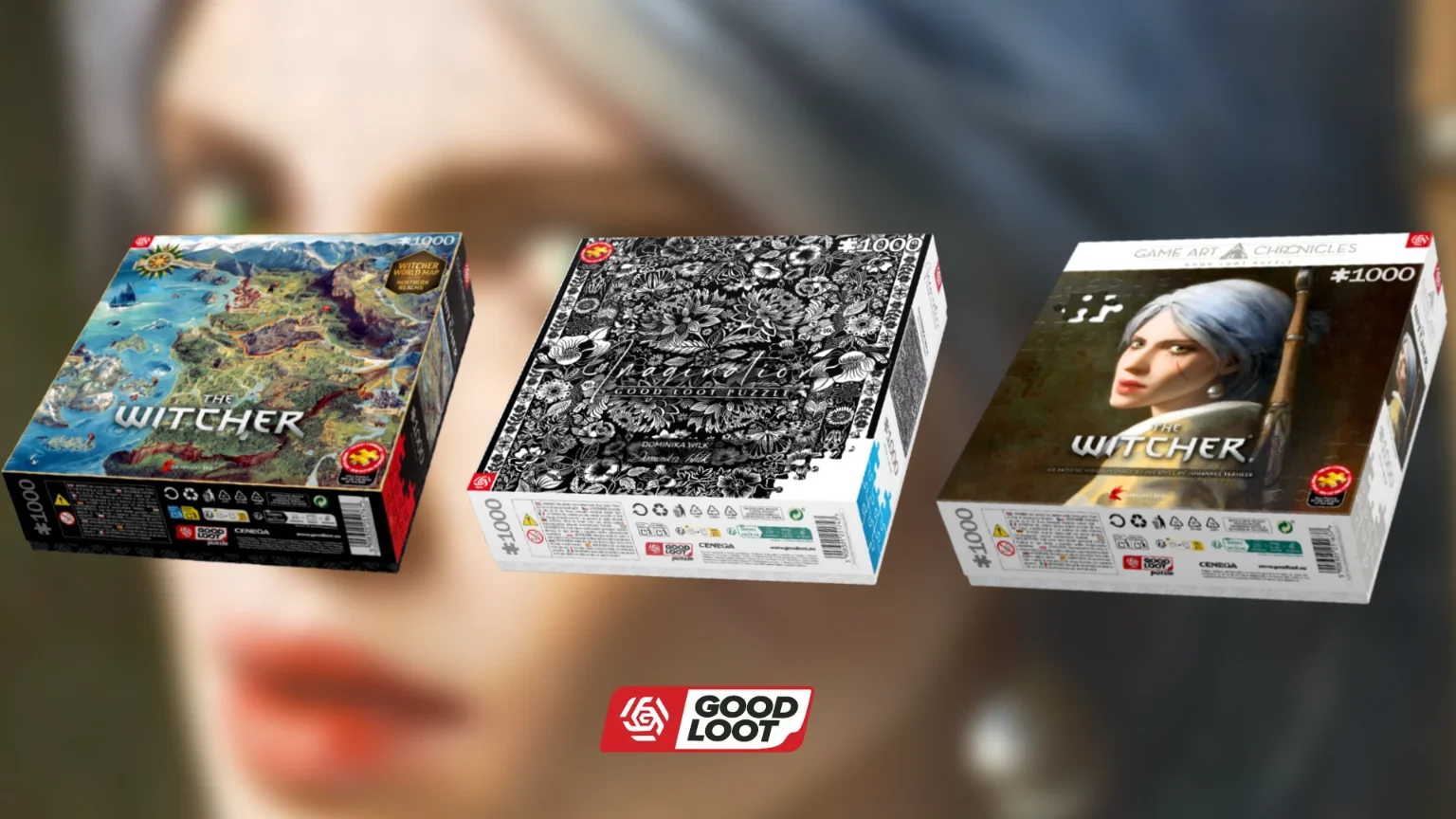 Trzy pudełka puzzli 1000 elementów Good Loot prezentujące mapę Królestw Północnych z Wiedźmina, czarno-białą grafikę z serii Imagination oraz Ciri stylizowaną na Dziewczynę z perłą.
