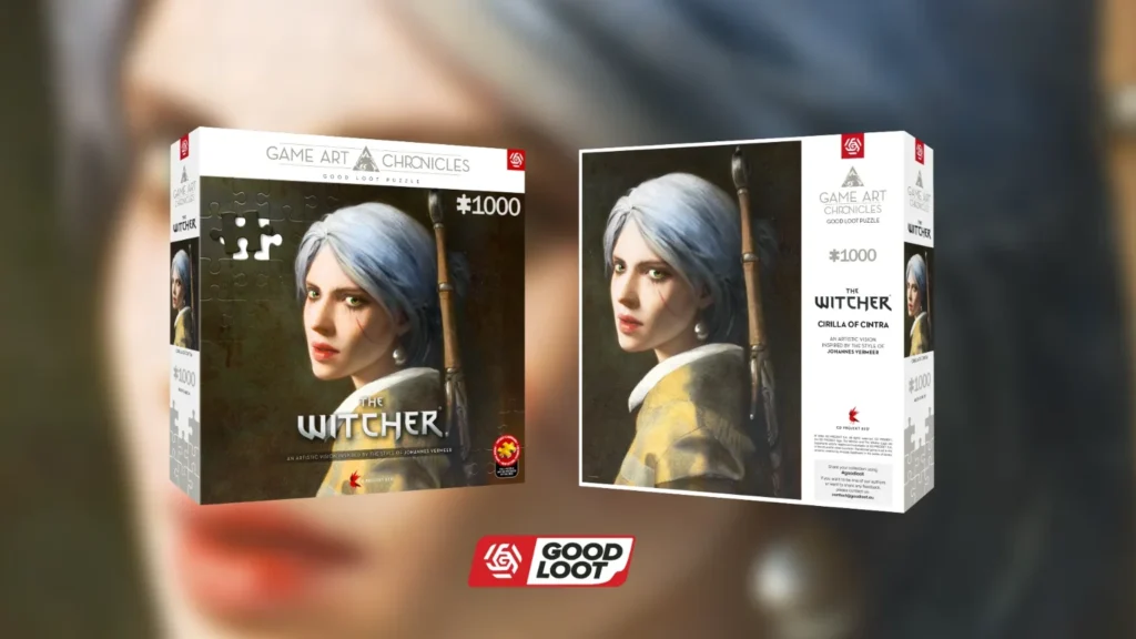 Przód i tył pudełka puzzli 1000 elementów Good Loot z serii Game Art Chronicles z portretem Ciri z Wiedźmina stylizowanym na obraz Johannesa Vermeera.
